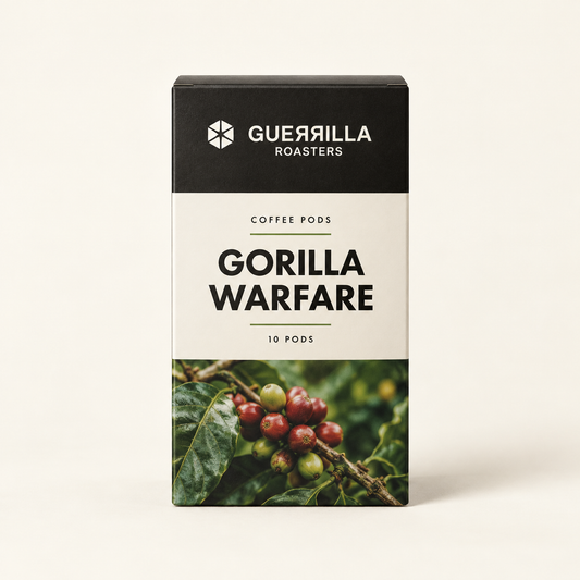 Concept pod-box artwork for Guerrilla Roasters Gorilla Warfare coffee pods