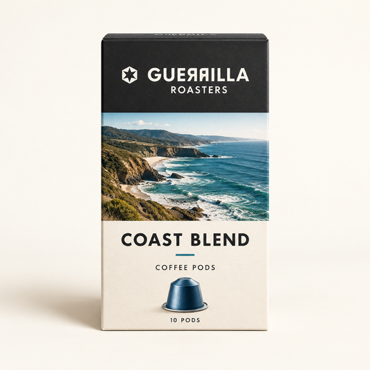 Concept pod-box artwork for Guerrilla Roasters Coast Blend coffee pods